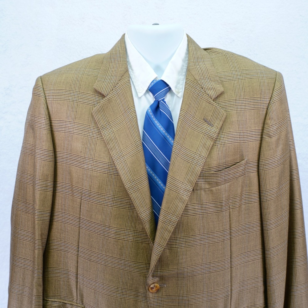 Hickey Freeman Tan Black Plaid W/ Blue‎ Windowpane Silk Wool Sport Coat 44R